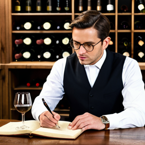 A focused professional sommelier, fully clothed in a modest dark business suit and a crisp white shirt, is seated at an antique wooden table. An open wine diary and a pen are in their well-formed hands, with elegant wine bottles and professional tasting glasses surrounding them in a softly lit, sophisticated wine cellar. The sommelier's expression is thoughtful and dedicated, meticulously documenting sensory notes. Perfect anatomy, correct proportions, natural pose, proper finger count. Professional photography, high detail, safe for work, appropriate content, fully clothed, professional dress.
