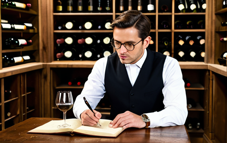 A focused professional sommelier, fully clothed in a modest dark business suit and a crisp white shirt, is seated at an antique wooden table. An open wine diary and a pen are in their well-formed hands, with elegant wine bottles and professional tasting glasses surrounding them in a softly lit, sophisticated wine cellar. The sommelier's expression is thoughtful and dedicated, meticulously documenting sensory notes. Perfect anatomy, correct proportions, natural pose, proper finger count. Professional photography, high detail, safe for work, appropriate content, fully clothed, professional dress.