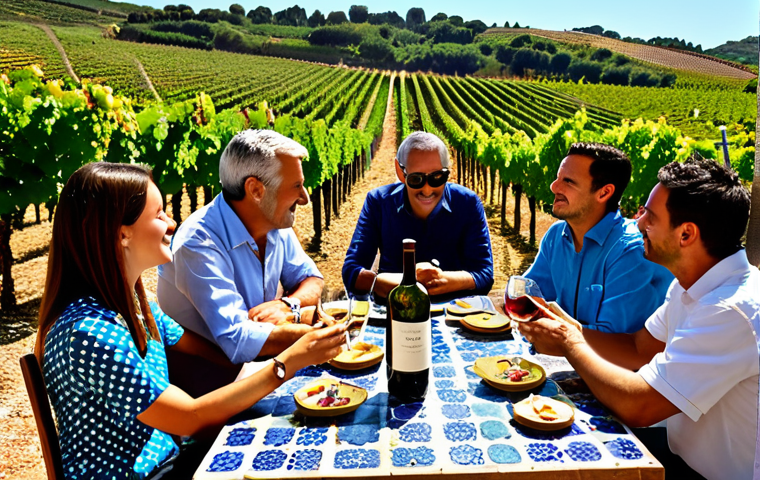 와인 서비스 실전 기술 - Wine Tasting Ambiance**
"A group of friends gathered around a rustic wooden table in a sun-drenched...
