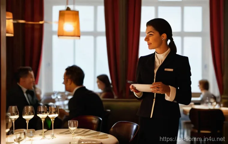 소믈리에 취업 성공 사례 - **Prompt:** "A Portuguese female sommelier, elegantly dressed in a classic, professional uniform, st...