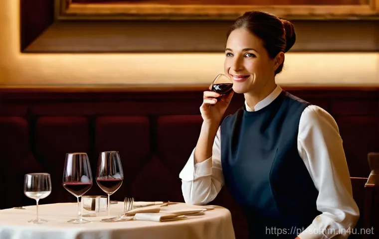 소믈리에가 다룬 어려운 고객 사례 - **Prompt: Deciphering the Palate**
A sophisticated sommelier, a woman in her late 30s with her h...