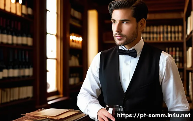 소믈리에 일과 공개 - **Prompt:** A discerning sommelier, a man in his late 30s with an intelligent gaze, impeccably dress...