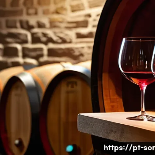 와인 테이스팅 노트 작성법 - A close-up scene of a sophisticated wine tasting setting in a modern Portuguese wine cellar, featuri...