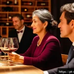 와인 마케팅과 소믈리에 역할 - A sophisticated wine tasting event set in an elegant, warmly lit room with rustic wooden tables, sof...