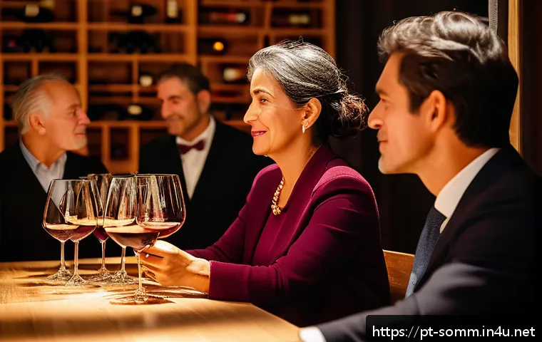 와인 마케팅과 소믈리에 역할 - A sophisticated wine tasting event set in an elegant, warmly lit room with rustic wooden tables, sof...